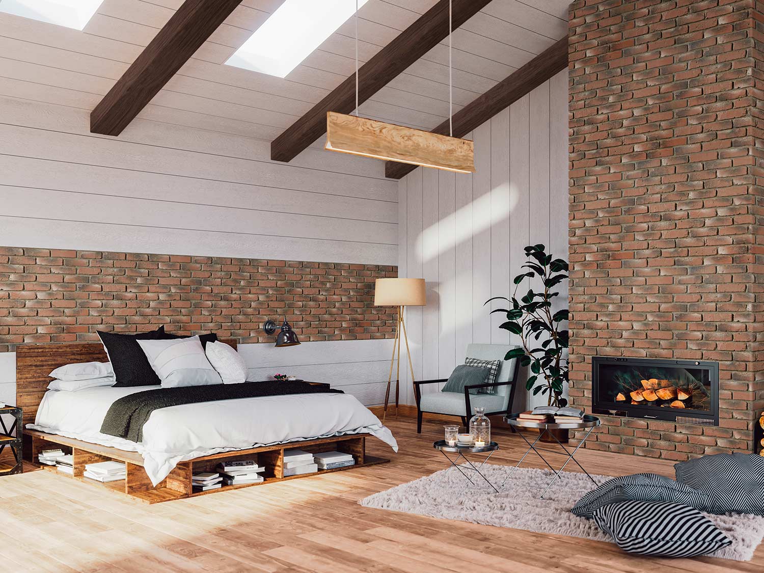 Old Barn Faux Wood Beams in Espresso Brown and Old Medford Faux Brick Wall Panels in Historic Brick