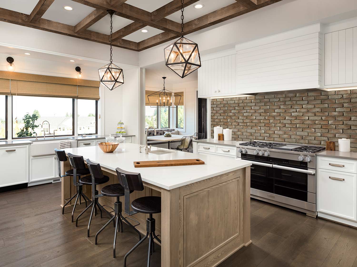 Wood Crafted Faux Wood Beams in Roasted Chestnut & Rustic Faux Brick Panels in Mountain Gray