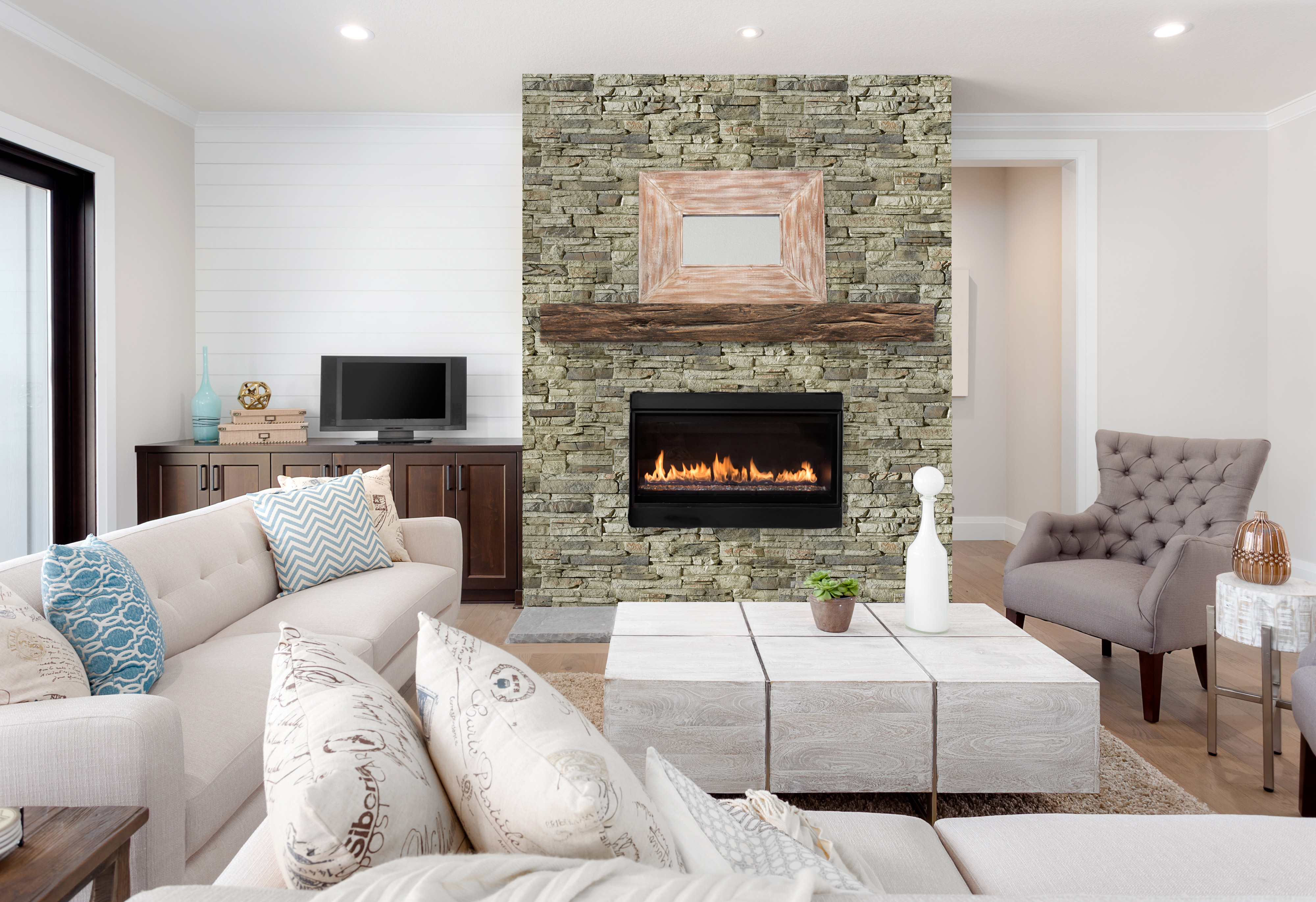 Old English Mantel in Burnished & Sedona Faux Stone Wall Panel in Slate Gray