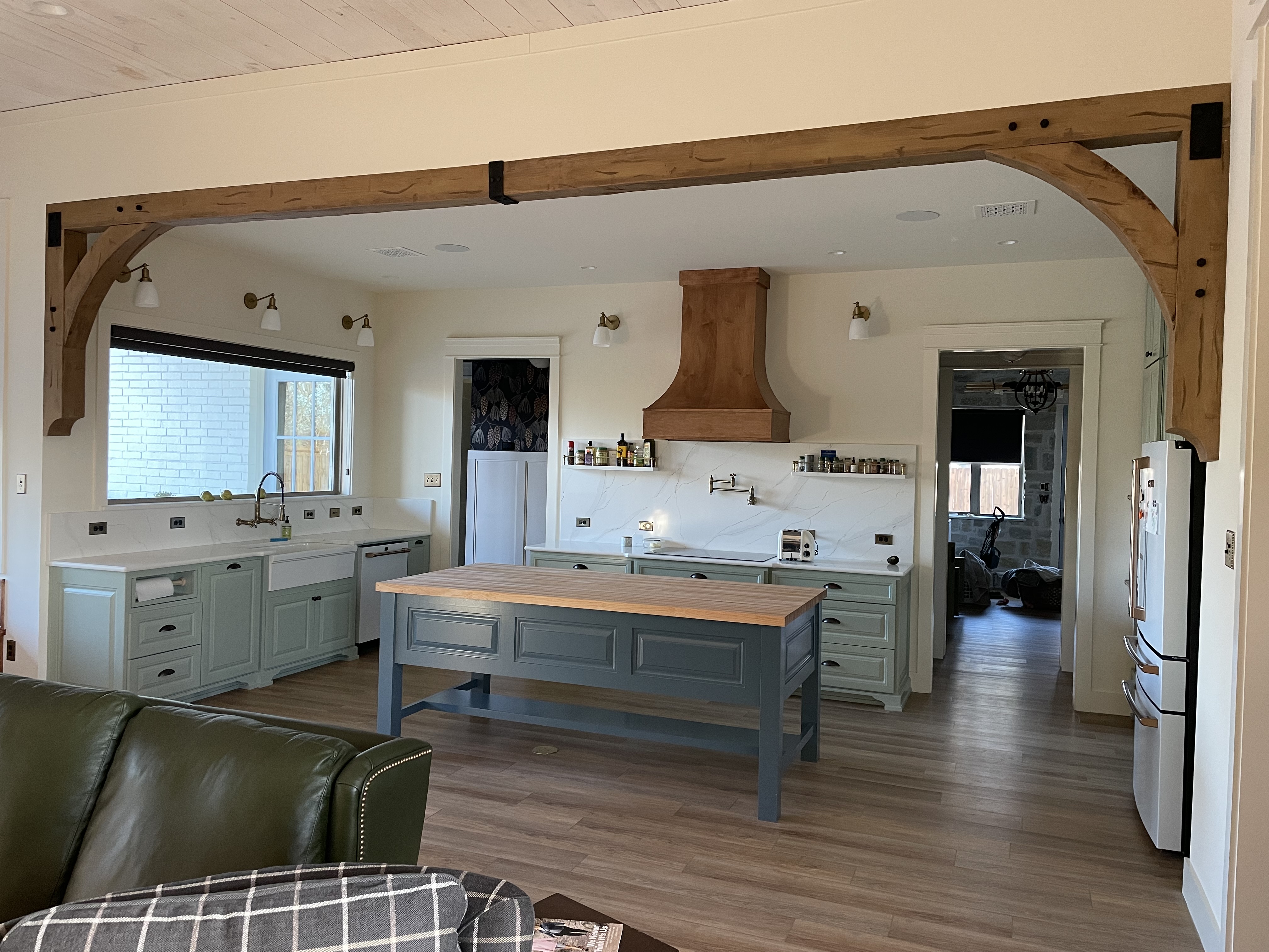 Hewn Faux Wood Beams and Arched Beams in Sable