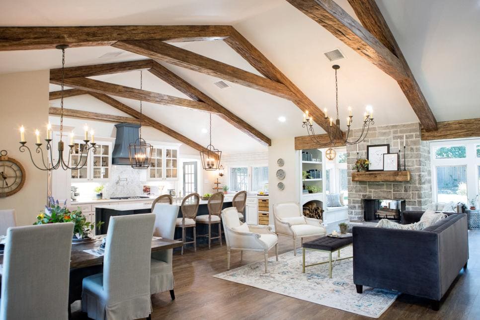 Faux wood trusses over a large open-concept space